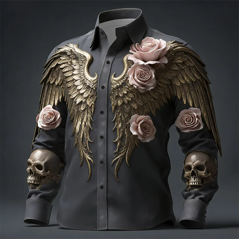 New men's long sleeved shirt 3D skull print long sleeved crow high-quality flower pattern top shirt clothes