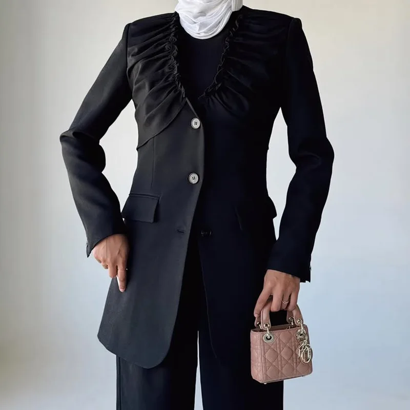 Elegant High-End Women's Pleated V-Neck Blazer Coat Slim Fit Long Sleeve Autumn Fashion for Professional Settings