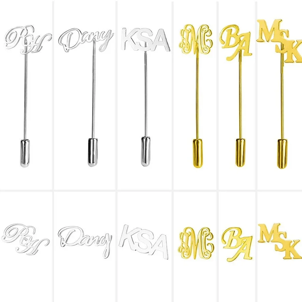 Personalized badge Pins for Men Custom Name Letters Brooches gold Stainless Steel Long Needle Broches Jewelry party wedding gift