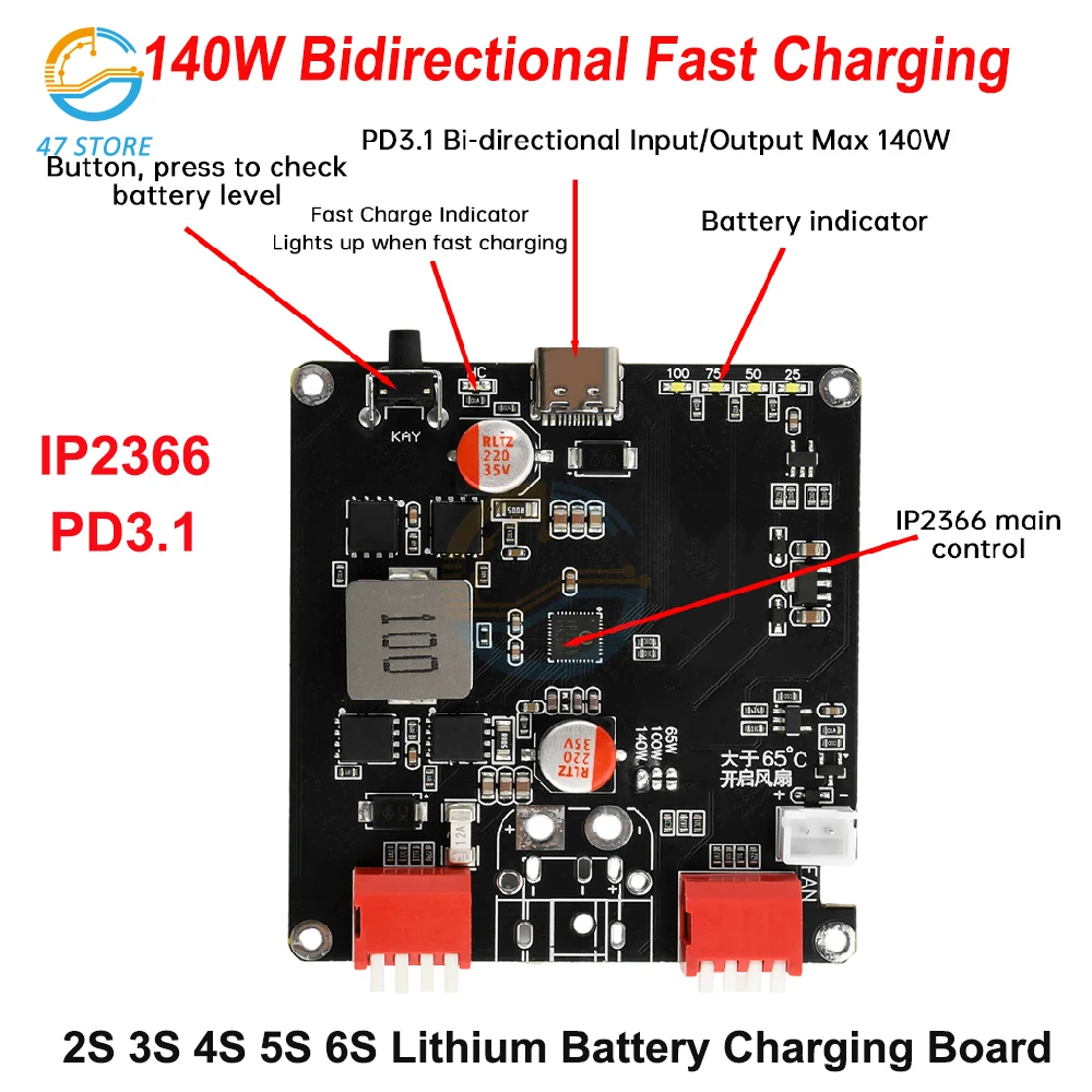 140W Bidirectional Fast Charging Module IP2366 PD3.1 2S 3S 4S 5S 6S Lithium Battery Charging Board IP2366 with Auto Temperature