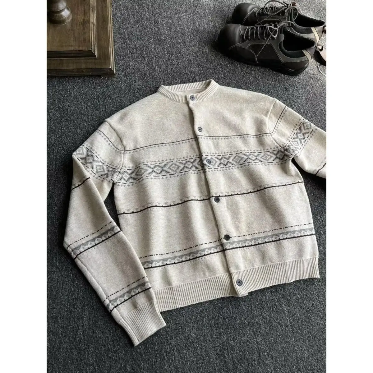 

Ретро-корейский свитер-кардиган с круглым вырезом и узором Fair Isle, свободный крой, осенне-зимний, новый, мягкий, из полиэфирного волокна, длинный рукав