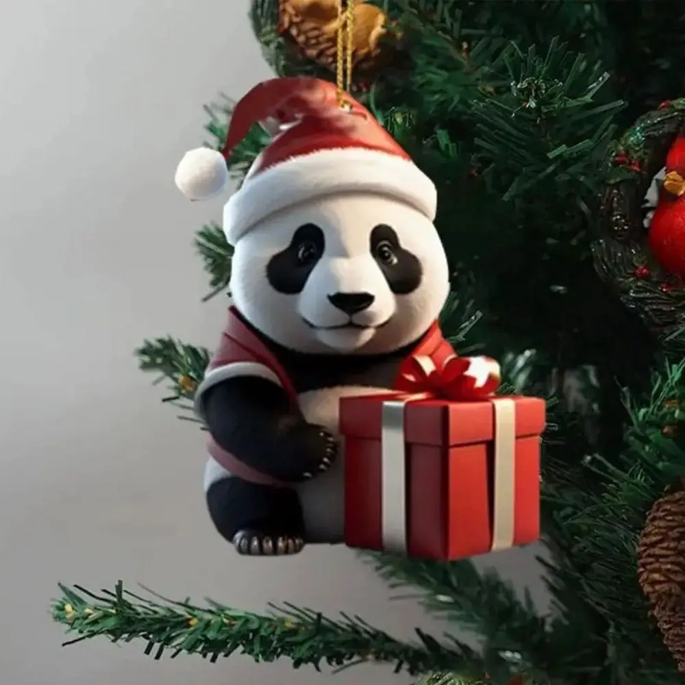 Multi-purpose 2D Christmas Panda Ornament Cartoon Acrylic Car Panda Pendants Cute Xmas Hanging Ornament Home Decor