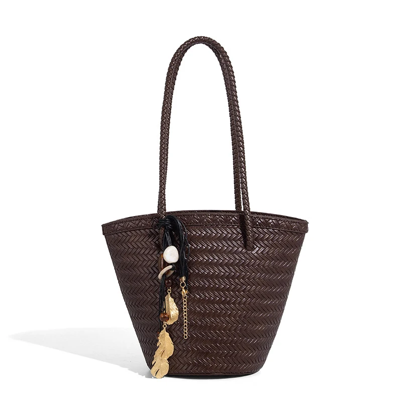 French Retro Black Woven Bucket Bag with Charms Women's Daily Commuter Basket Purse