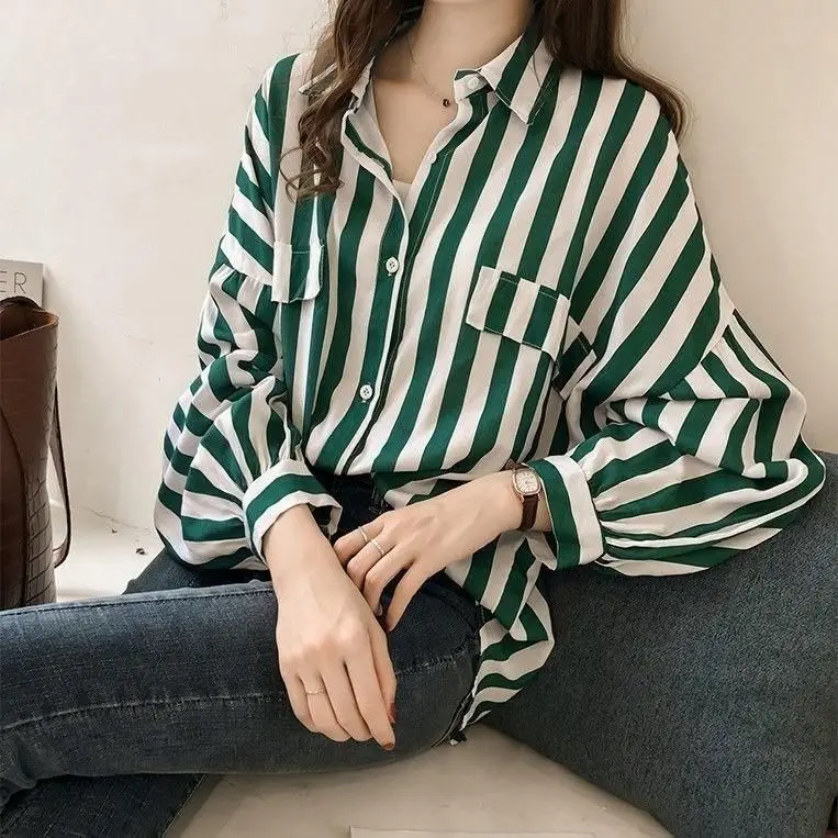 Spring Autumn Women's Clothing New 2024 Hong Kong Style Loose Fit Plus Size BF Striped Shirt Long Sleeved Chic Top Thin Jacket