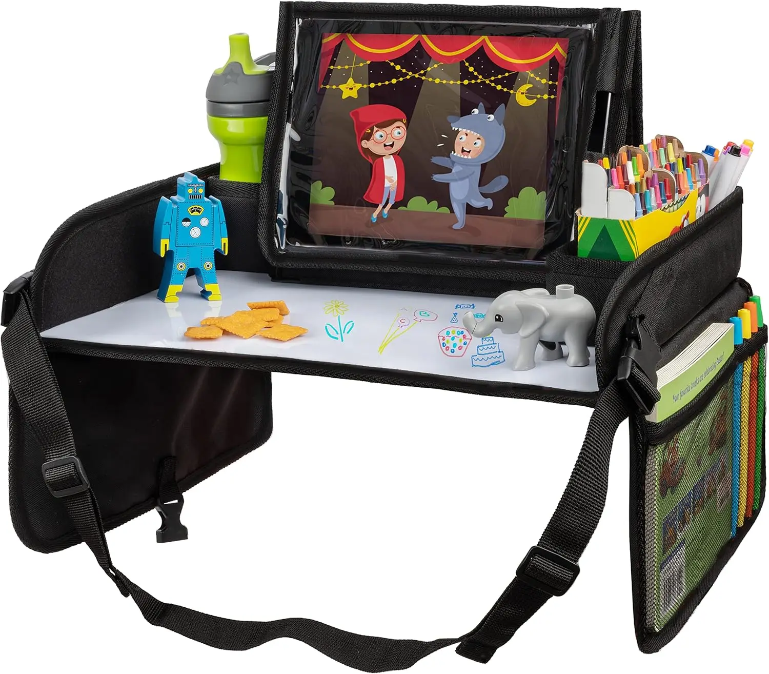 

Kids Travel Lap Desk with Dry-Erase Surface, Snack Holder, and Tablet Stand for Car Back Seat