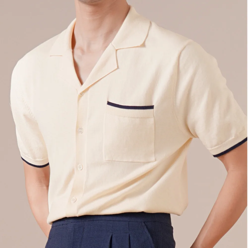 Italian Style Cuban Collar Shirt For Men Summer Lightweight Tencel Cotton Breathable Casual Business Knit Cardigan Men Clothing