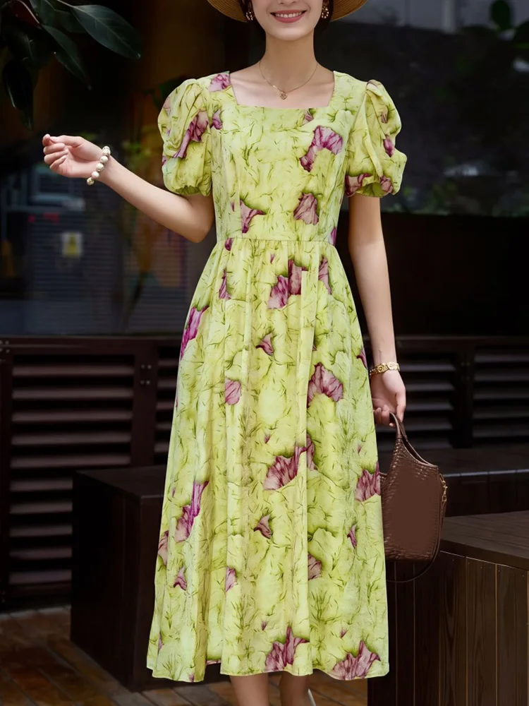 

JUNLINNA Women Summer Dress Square Collar Short Sleeve Beach Holiday Priting Vestidos Fashion Elegant Lady High Street