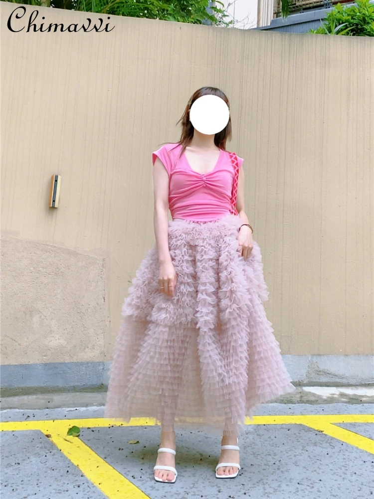 

French Fairy Style Princess Ball Gown Skirt Tiered 3D Ruffled Elastic High Waist Temperament Elegant Cake Long Skirts for Women