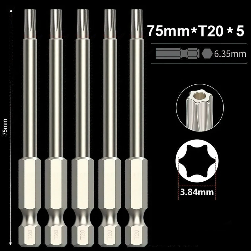 

Набор отверток Torx с шестигранным хвостовиком 1/4 дюйма, магнитные сверла 75 мм T10, T15, T20, T25, набор сверл с защитной головкой Torx, сталь S2