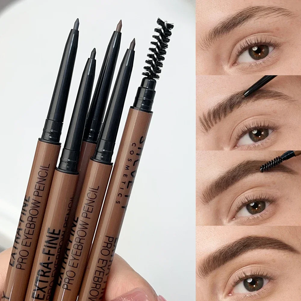 4 kleuren Ultrafijn Wenkbrauwpotlood Langdurige Make-Up Wenkbrauwen Tattoo Tint Pen Borstel tweekoppige Waterdichte Wenkbrauw cosmetische