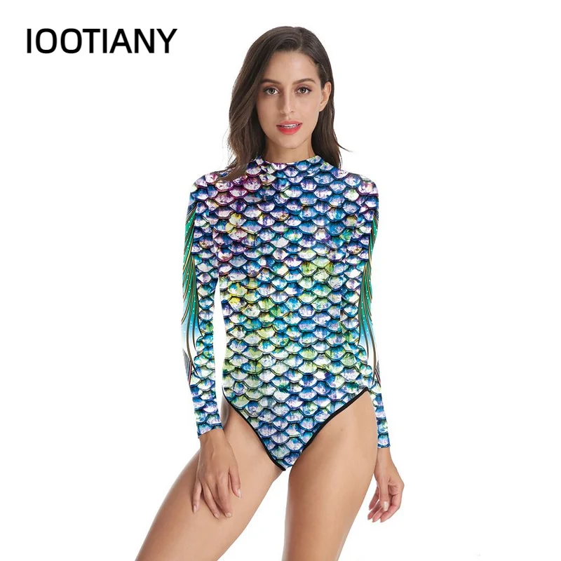 IOOTIANY New 3D Printing Mermaid Scales One Piece Long Sleeve Swimwear Bodysuit Costume Mermaid Swimsuit For Adult Women 2024