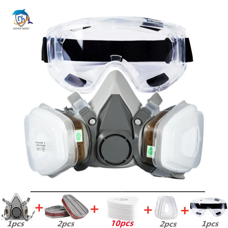 6200 Dust Gas Mask Filters Suit Industrial Half Face Painting Spraying Respirator with Protective Fog-proof Glasses Safety Work