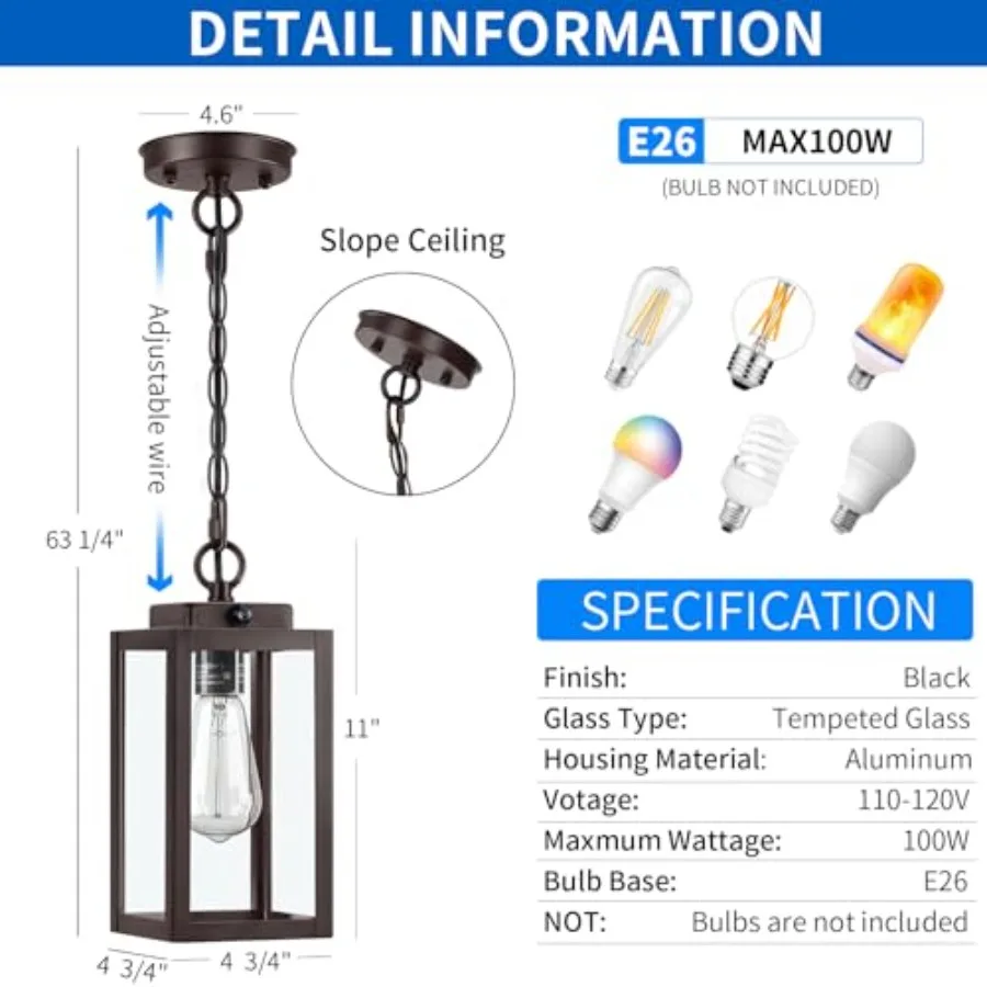 11'' Dusk to Dawn Outdoor Pendant Light, Modern Outside Chandelier Outdoor Hanging Lantern Light, Matte with Clear Glass, Exter