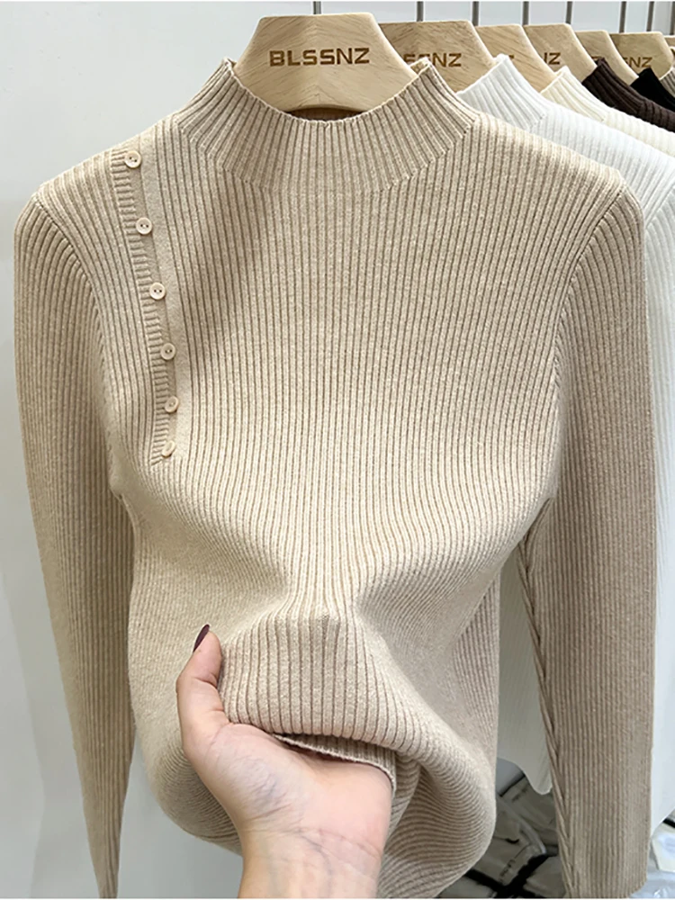 2024 New-coming Autumn Winter Top Pull Femme Turtleneck Pullovers Sweaters Long Sleeve Slim Button Korean Women\'s Sweater