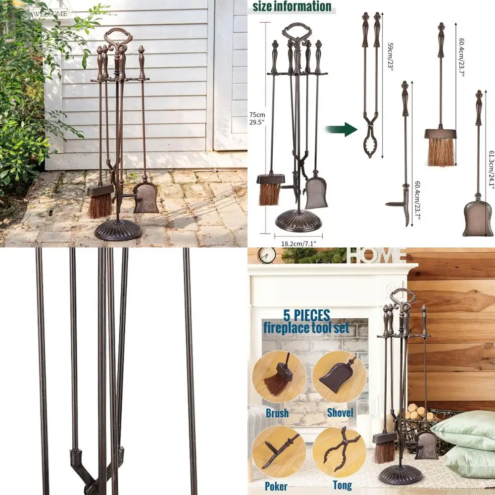 

Sungmor 5-Piece Heavy-Duty Cast Iron Fireplace Tool Set with Rustic Stand, Outdoor-Indoor Use