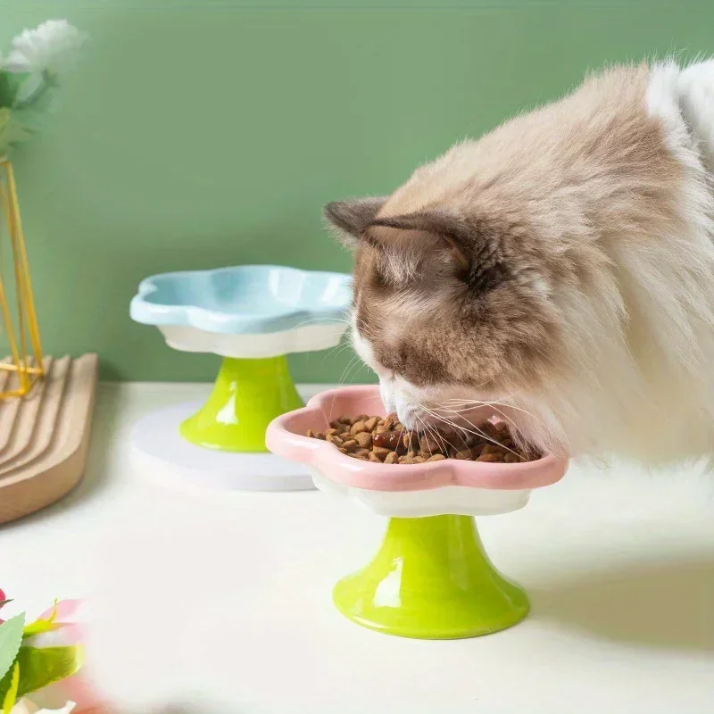 Ceramic Raised Cat Bowl with Flower Design, Elevated Cat Food Bowl Water Plate Snack Dish with Stand for Neck Protection