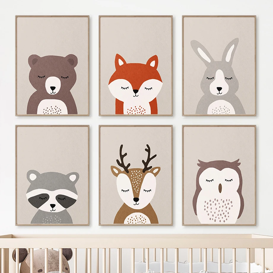 만화 사슴 곰 여우 너구리 올빼미 토끼 북유럽 포스터 및 프린트 월 아트 캔버스, 회화, 동물 벽 그림, 어린이 방 장식