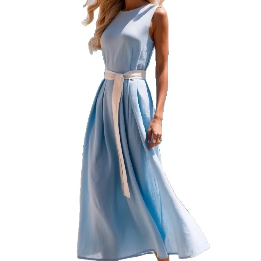 2025 Summer Fashion Solid Color Waist Strap Up Women Dress Simple Round Neck Females Vacation Banquet Long Dresses