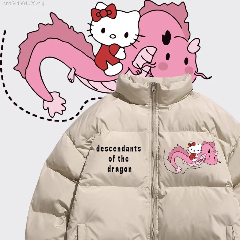 Sanrio Dragon Hello Kitty Cotton Coat Winter Thick Warm Y2k Gothic Hip Hop Zipper Black Down Jacket Youthful Woman Clothes Girls