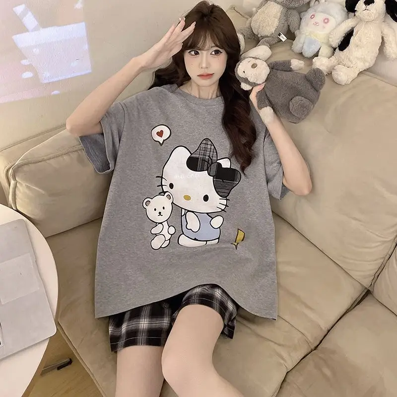 Pajama Girl Hello Kitty Summer Short Sleeved Sanrio Shorts Thin Fit Can Be Worn Outside Pure Cotton Home Clothes Plus Size Loose view 5