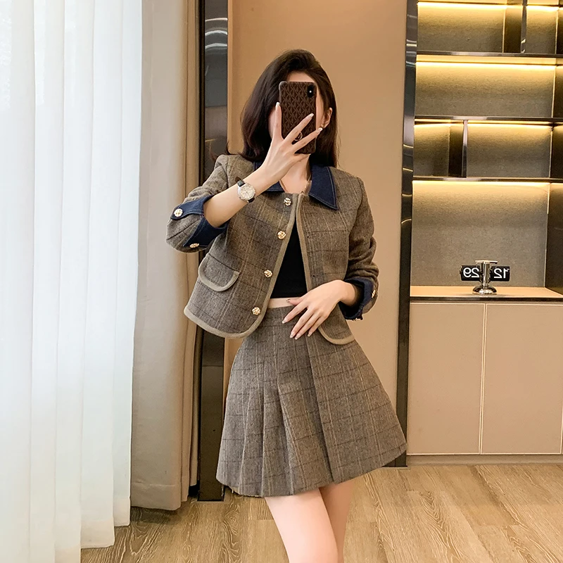 

Women Suits With Skirt Sets Fashion Cropped Casual Jakcet Set Woman 2 Pieces Suit Mini Skirts Female Oufits