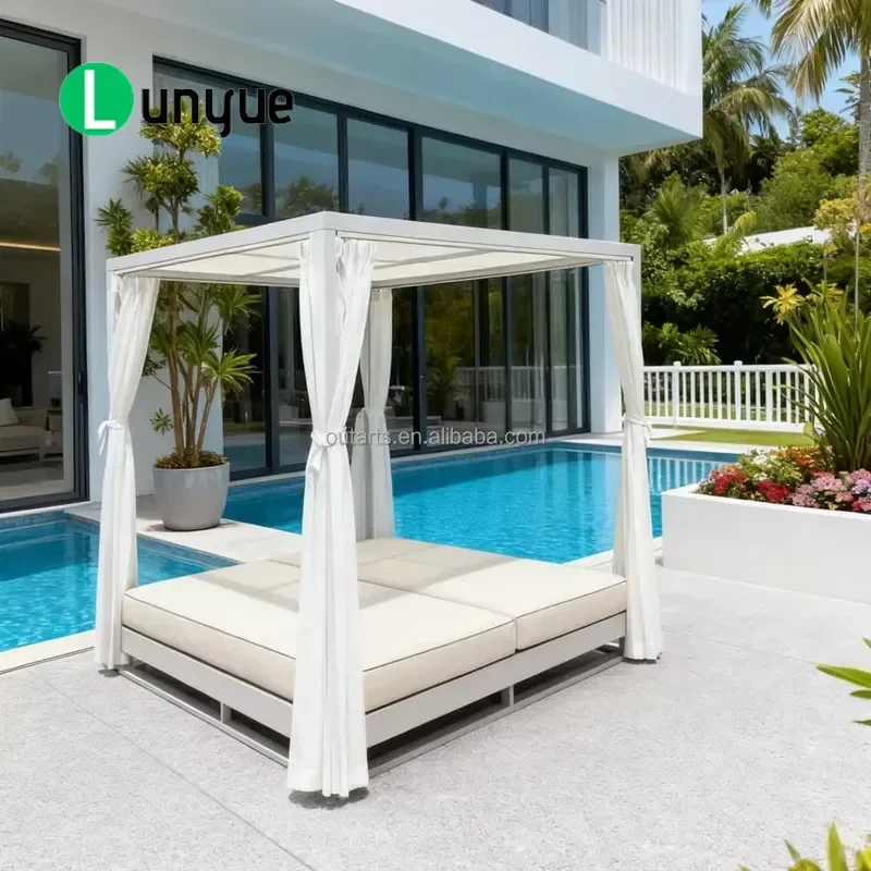 Double Outdoor Sun Bed with Shade Aluminum Frame Fabric Poolside Lounge Chair for Garden Terrace Patio Durable Relaxing