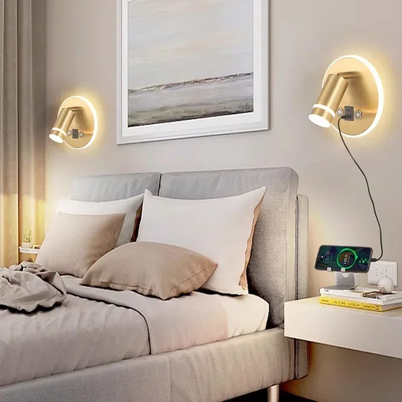 Modern Hotel USB Interface Dimmable LED Sconce Reading Wall Lamp Light With Switches Metal Body And Acrylic Lampshade Decor Lamp