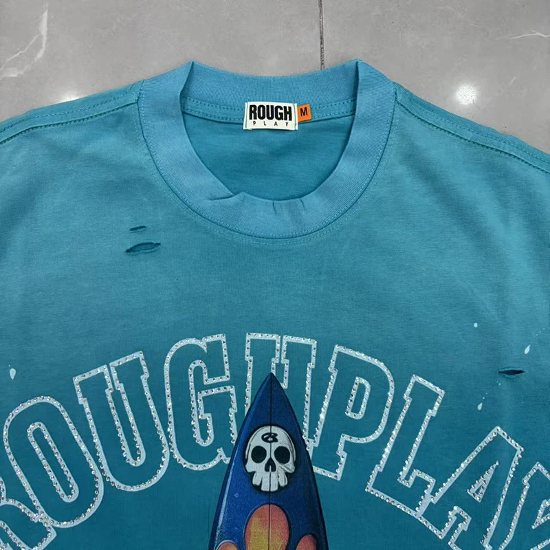 Rough Play Surfboard Skull Flame Print Tee Mens Distressed Short Sleeve Street Top