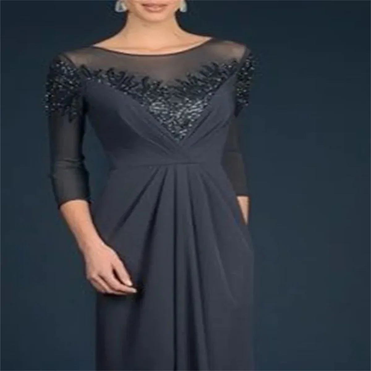 Mum Dress Elegant And Sparkling Jewel Neck Round Chiffon Lace Trim Sequins 3/4 Long Sleeve Applique Pleats 2023 Lace-Trimmed