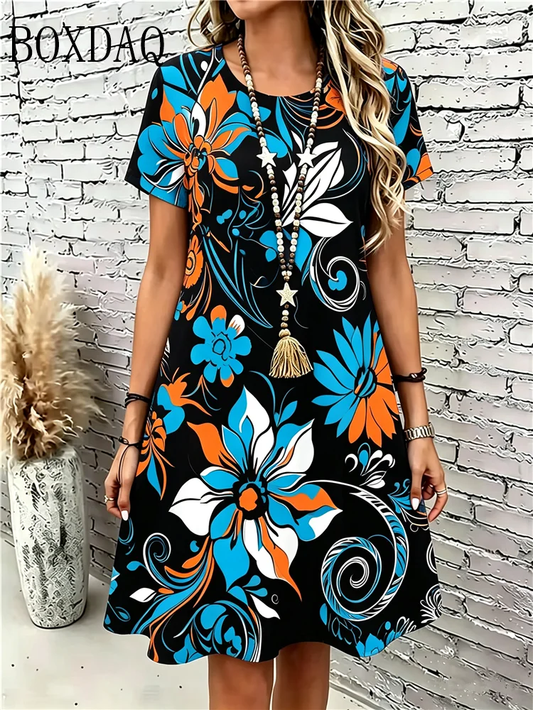 2026 New Casual Round Neck Short Sleeved Women's Dress Fashionable Flower Pattern Printed Summer Dresses