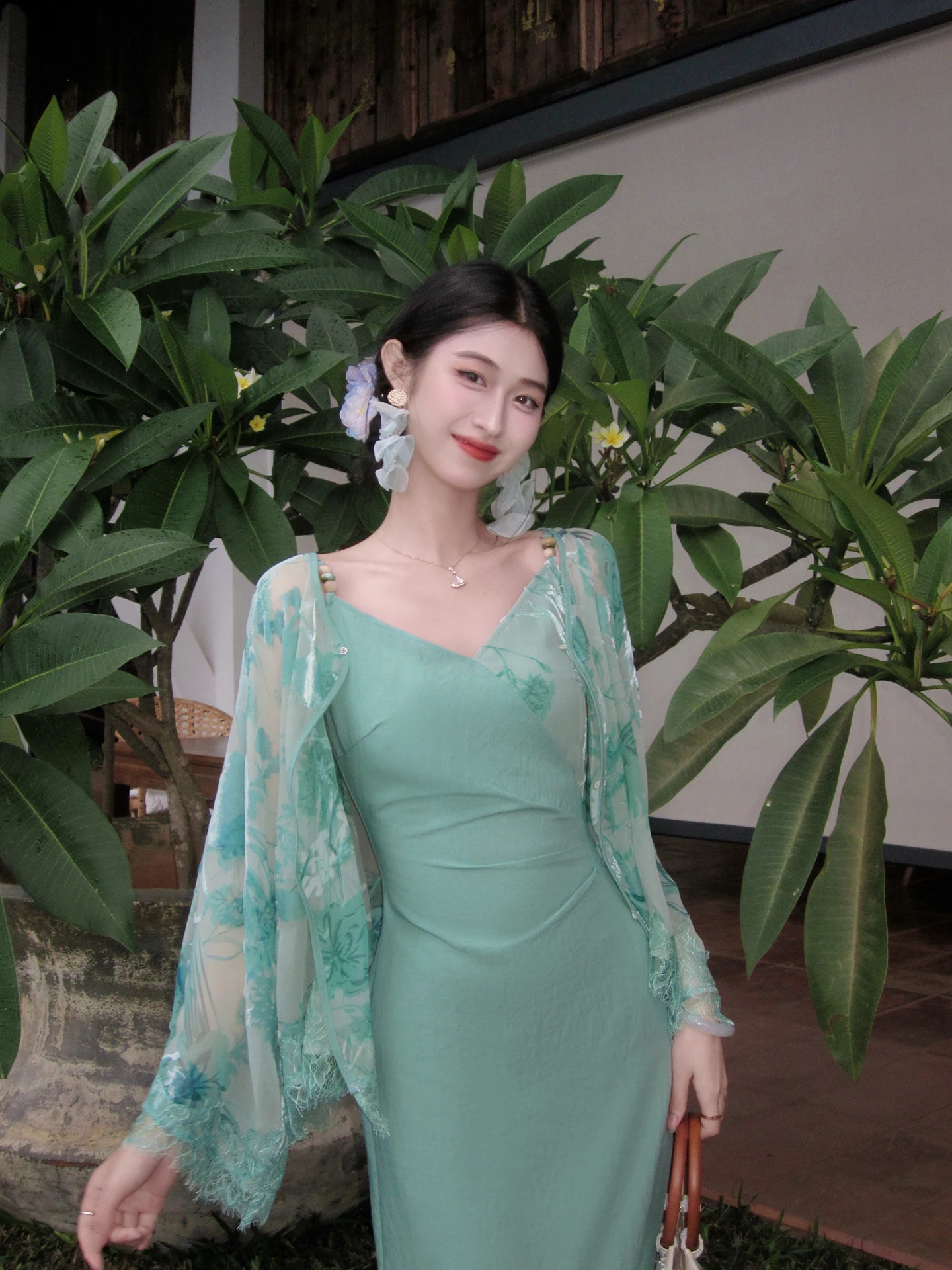Lingshan Zhihe New Chinese Style Summer Silk Camisole Dress Women's Velvet Open Cardigan Two-Piece Set Floral Print High Waist