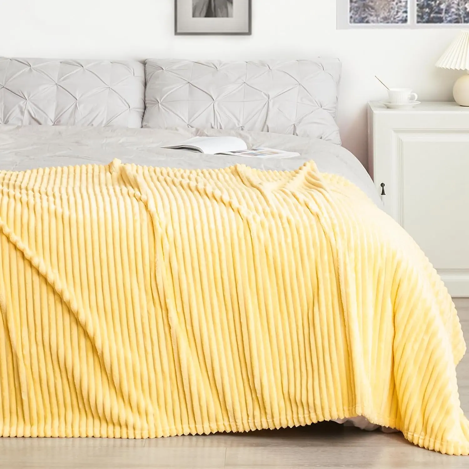 

Flannel Fleece Twin Blanket For Couch,Sofa,Bed, 300Gsm Striped 60X80 H Light Yellow Blanket For Adults And Kids, Super Soft