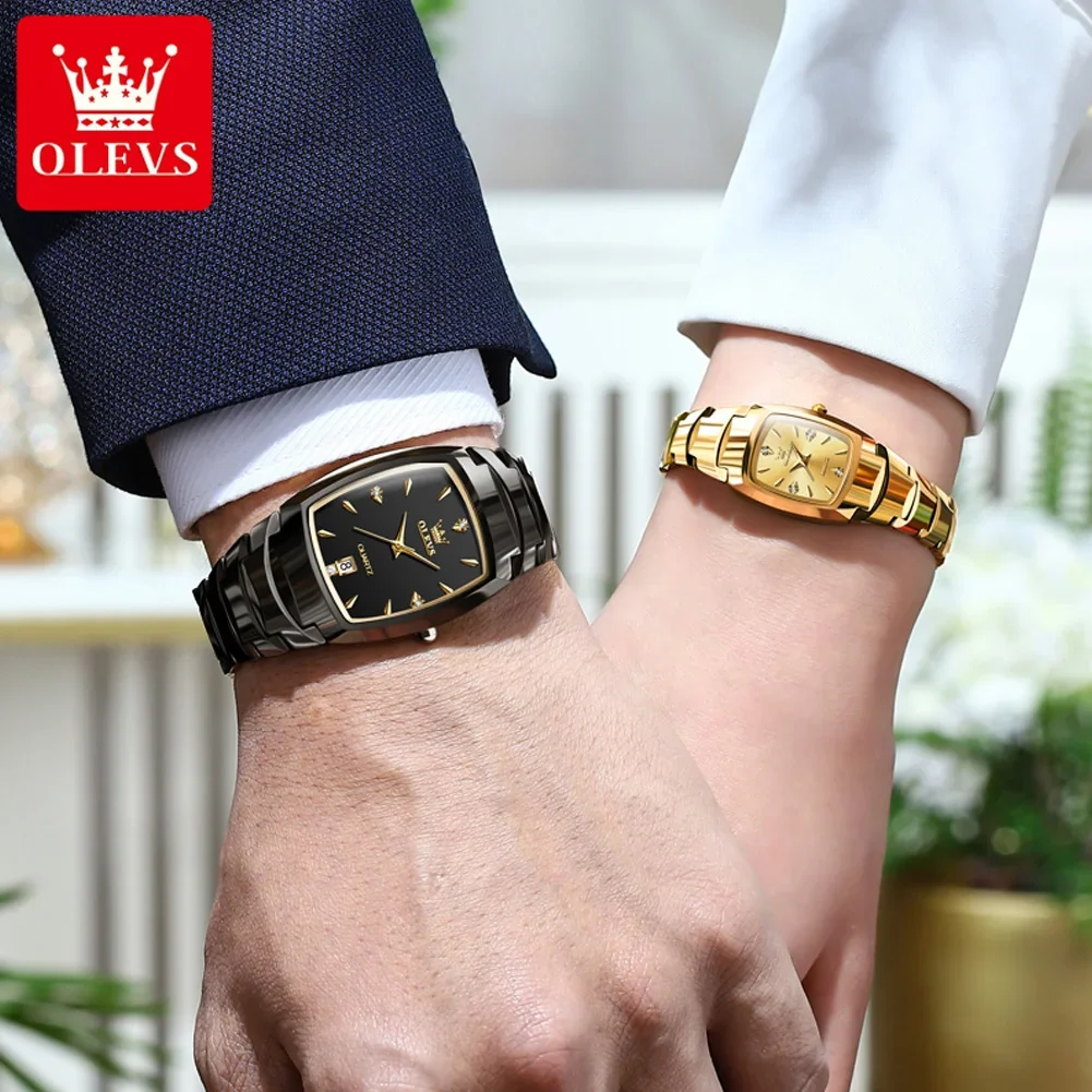 OLEVS-Montre de couple à quartz de luxe pour hommes et femmes, étanche, forme de tonneau, horloge à main, bracelet en acier au tungstène, montres d'affaires, 7006