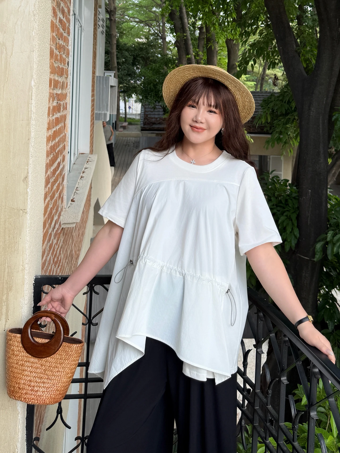 

Женская футболка больших размеров с завязками, приталенная, А-силуэт, летняя, новая, свободная, скрывающая живот, с коротким рукавом, повседневный стиль, 100% хлопок