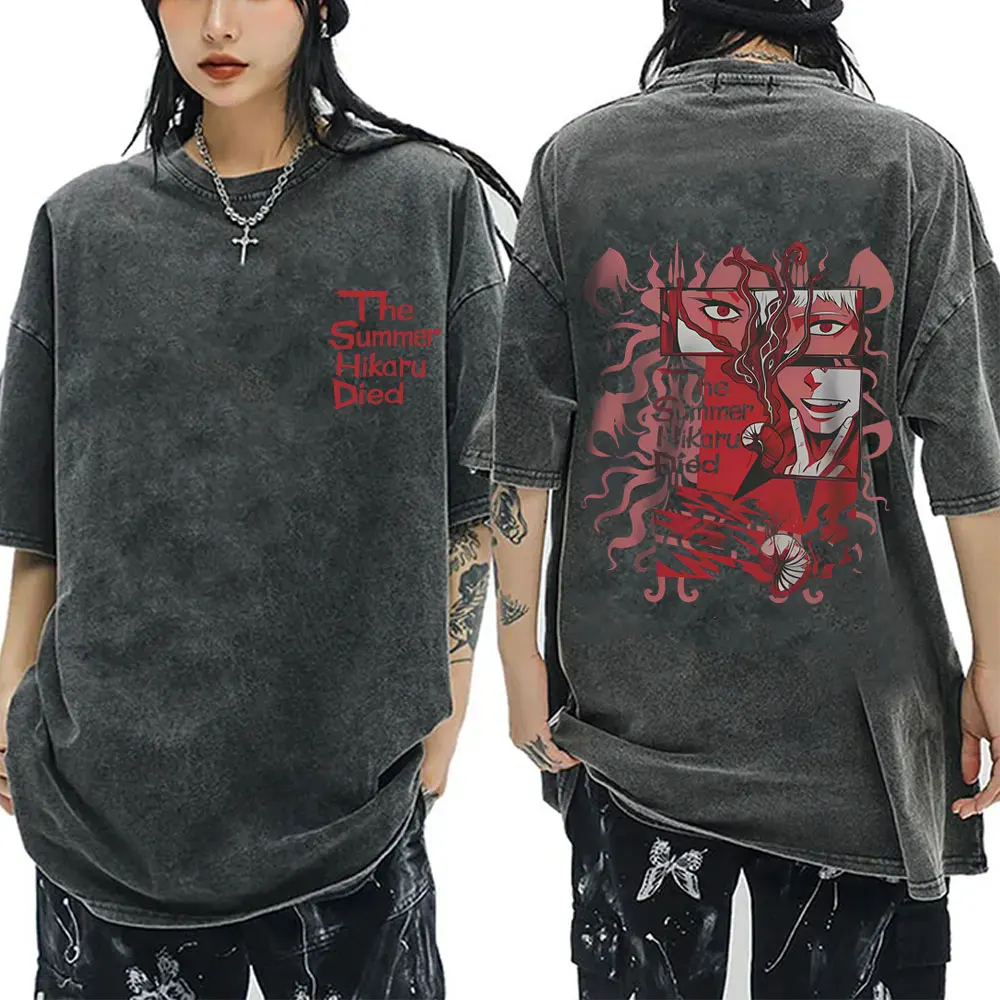 

Anime The Summer Hikaru Died Vintage Washed T Shirts Men Women Cartoon Manga Cosplay Streetwear Male Casual Oversized T-shirt