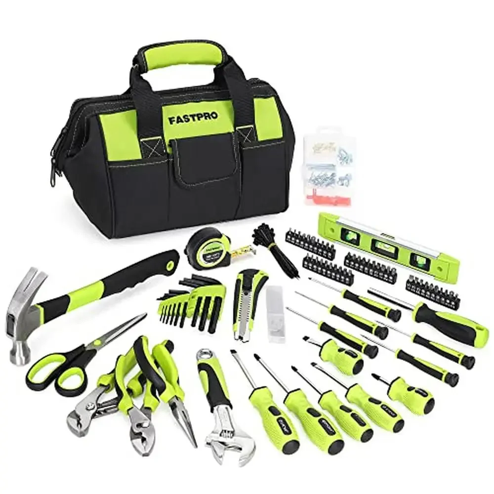 

220-Piece Household Tool Set with 12-inch Storage Bag Green Pliers Wrench Screwdriver Tape Measure Magnetic Holder Home Repair