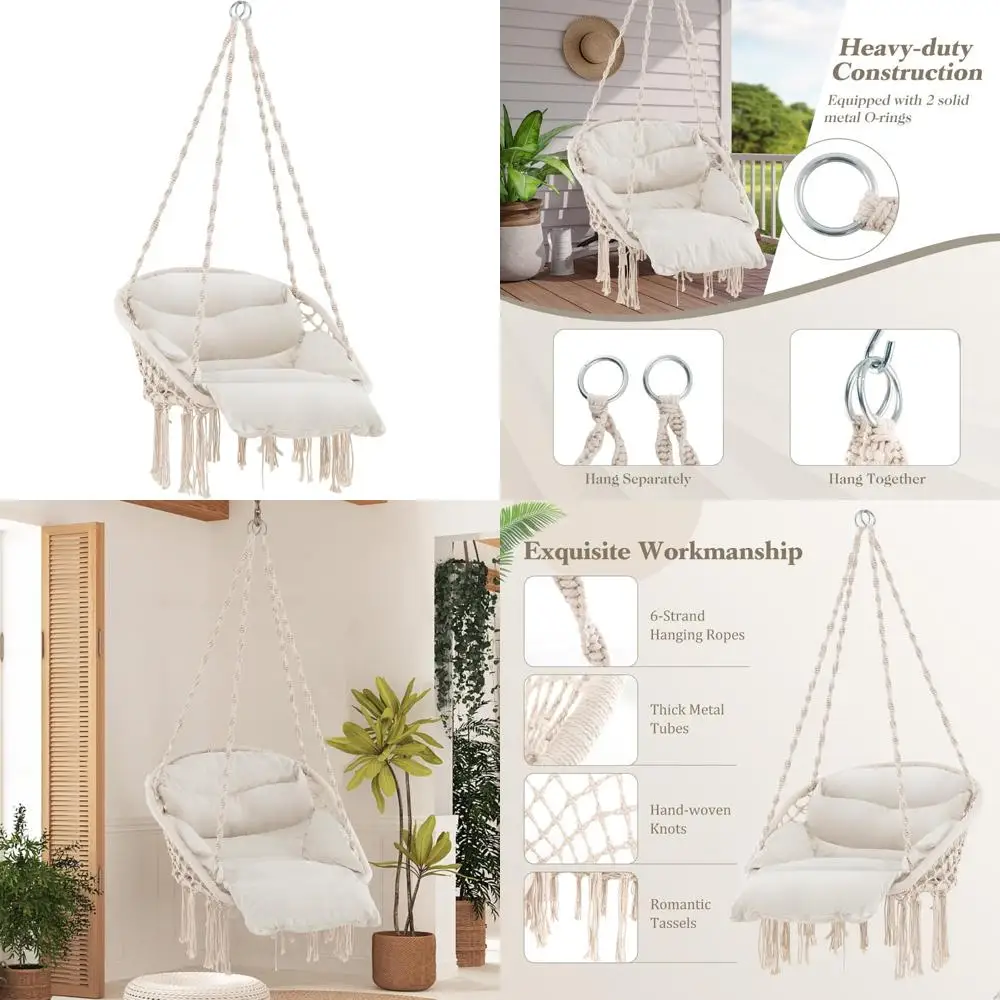 

Cotton Rope Hammock Swing with Cushions and Tassels, Boho Style Indoor Outdoor Hanging Chair for Relaxation