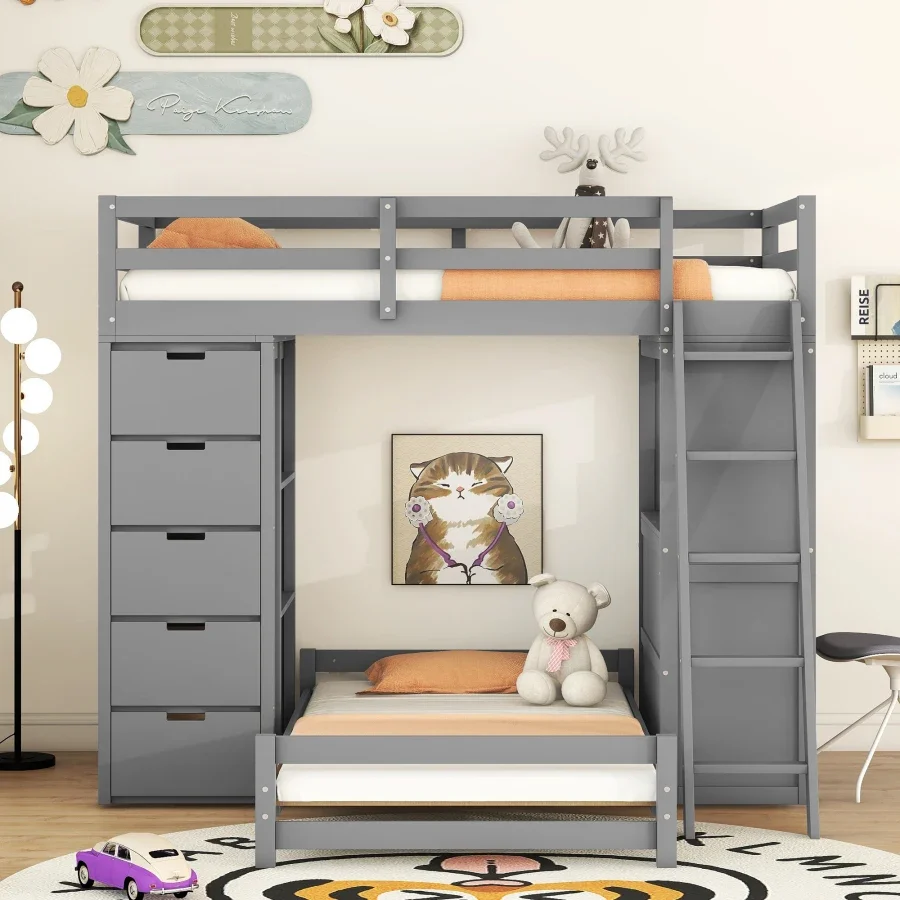 Twin over Twin Bunk Bed with LED Light and USB Ports, Maximum Storage Space, Built With Safety in Mind, Gray