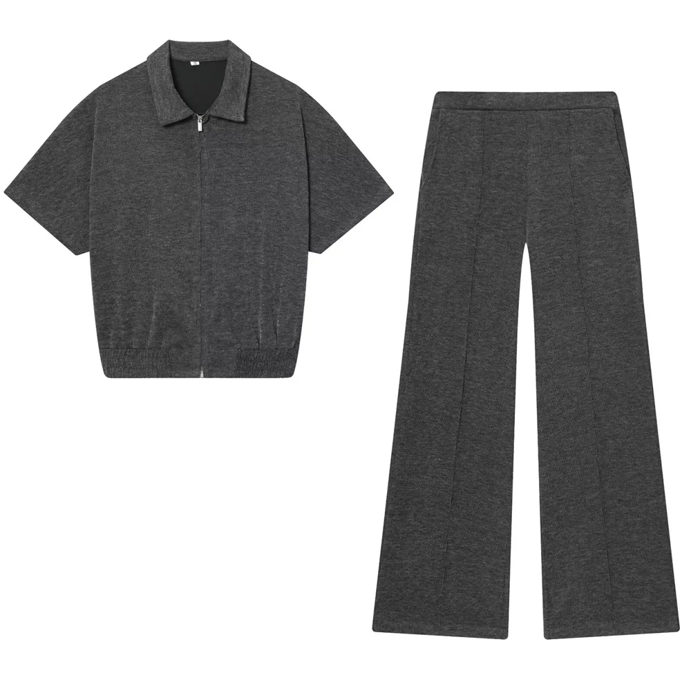 Winter New Women's Fashion Metal Zipper Decoration Flip Collar Short Sleeve Tank Top Mid Waist Soft Wide Leg Pants