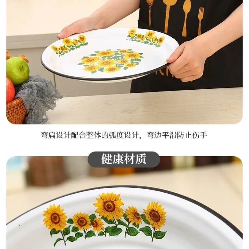 Vintage Enamel Tea Tray Multifunctional Dim Sum Fruit Nut Serving Plate Enamel Kitchenware with Various Patterns for Home Use