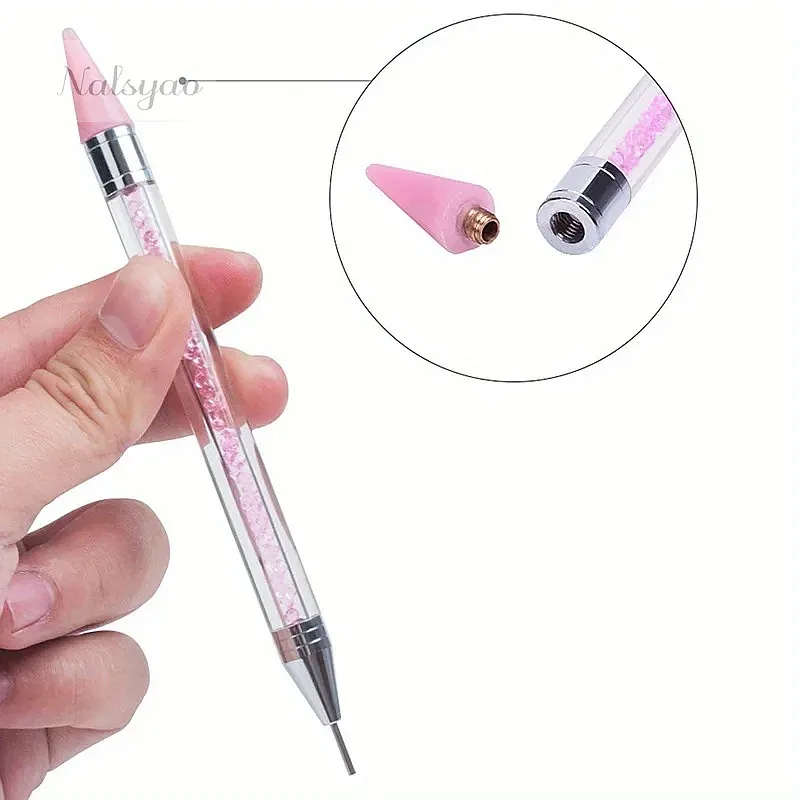 2Pcs Manicure Double-Ended Diamond Pens with Crayons Stainless Steel Tweezers Nail Art Grafting Eyelashes Tools Set
