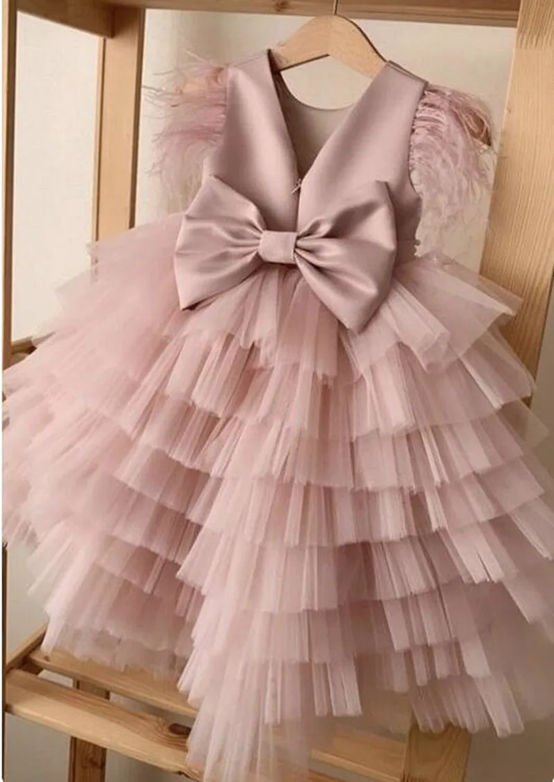 New Pink Tulle Puffy Baby Girl Dress O Neck Infant Kid Tutu Outfit Birthday Dress Christmas Gift for Girls