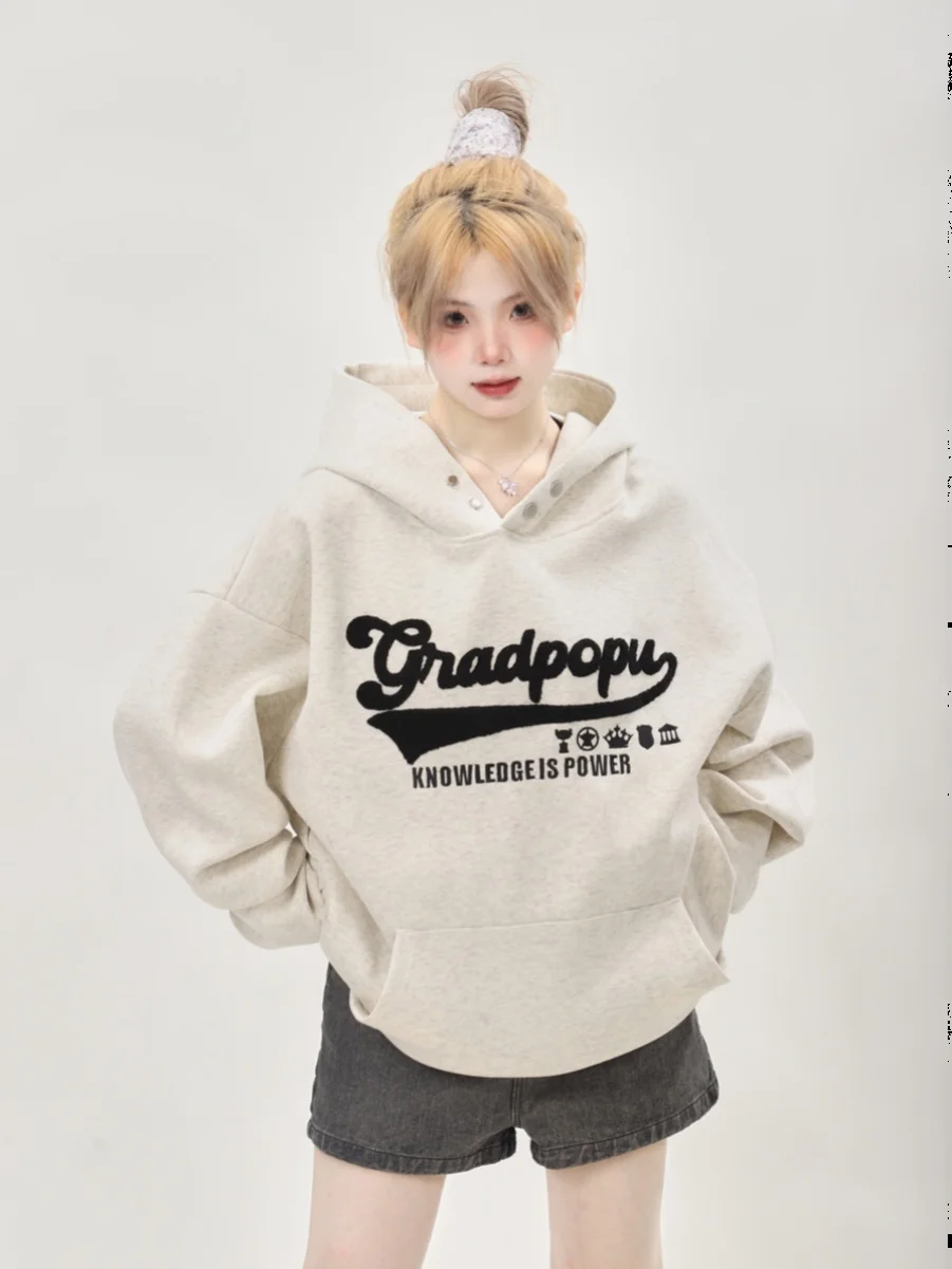 Oversize American High Street Grey Embroidered Sweatshirt Women's Spring Autumn 2026 Hooded Heavyweight Couple's Top