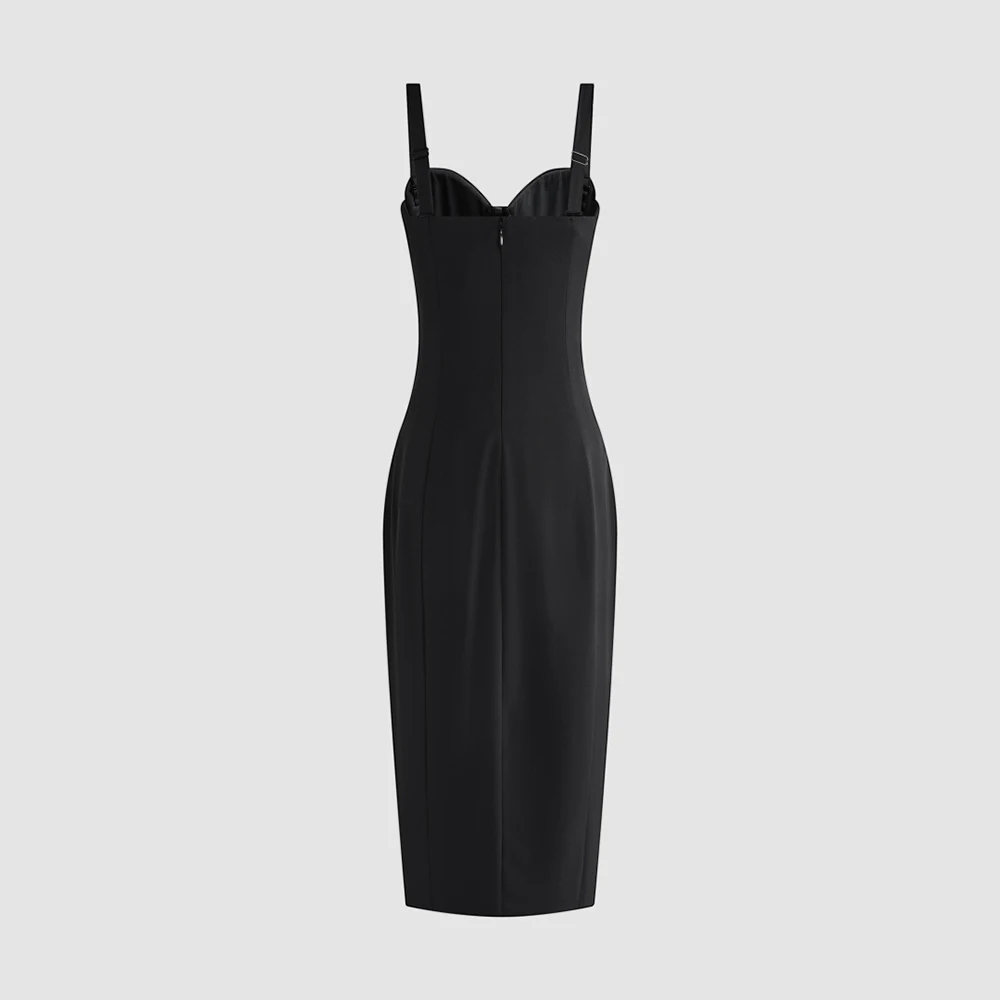 Ladies Bustier Midi Dress Sleeveless Wide Adjustable Straps Bodycon Dress with Front Slit Evening Party Cocktail Dress for Women