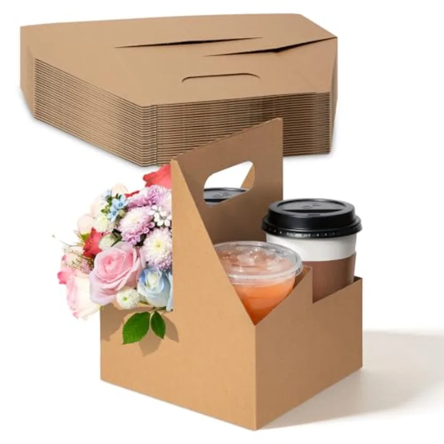 

4 Cup Disposable Drink Carrier with Handle, 25 Pack Kraft Paperboard Handled Drink Carriers 12-30 oz to Go Coffee Cup Holder, C