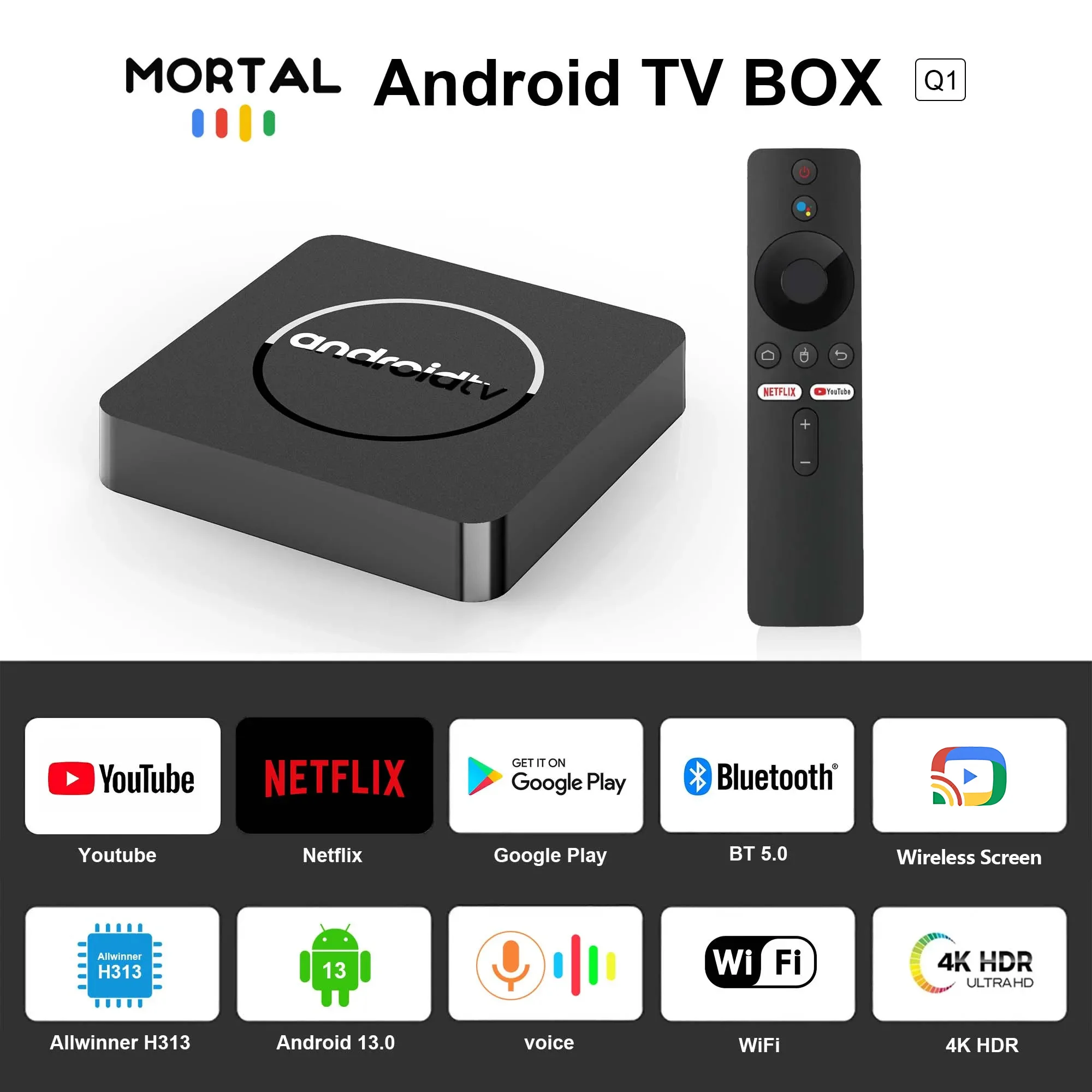 Android13 TV Box 4K AllwinnerH313 BT5.0 Google Play Youtube tiktok HDR10 2G16G Dual2.4/5GB Wifi Streaming Media Set-top Box Q1