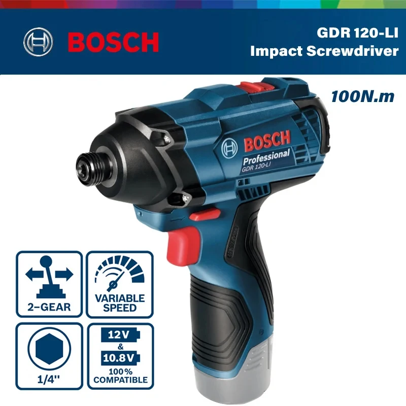 Imagem -03 - Bosch Gdr 120-li Motorista de Impacto sem Fio Chave de Fenda Elétrica Recarregável Ferramenta Elétrica Chave Bare Machine 100nm 12v