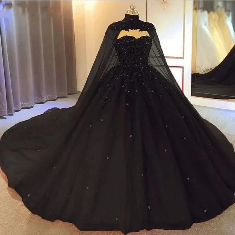 

2024 Black Ball Gown Gothic Wedding Dresses With Cape Beading Lace Vintage Non White Bridal Gowns Colorful Colored Bride Dress