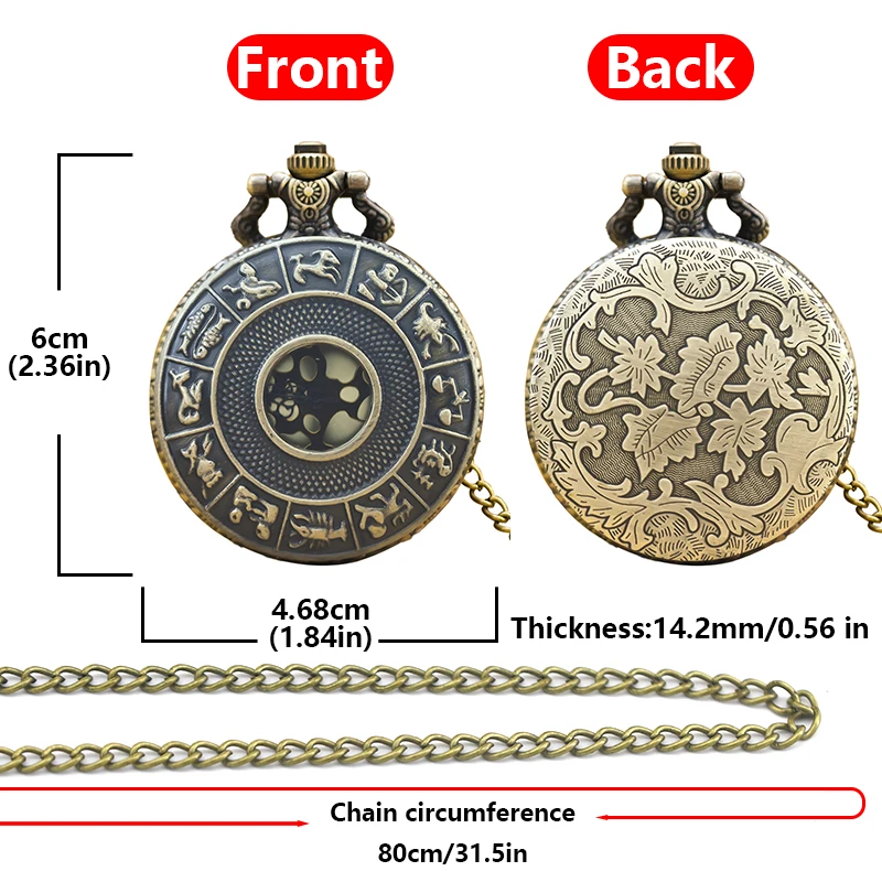 Винтажные бронзовые двенадцать созвездий в стиле стимпанк, полые кварцевые карманные часы, ожерелье, подвеска, цепочка для часов, мужская и женская цепочка, подарок