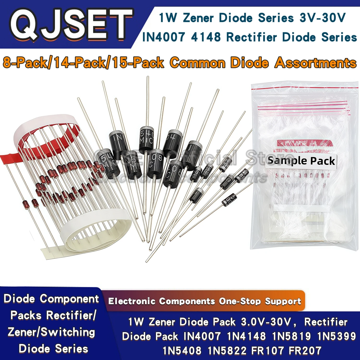 100/140/150pcs DIP Diode Set 1W 3V 3.3v 3.6v 3.9 4.3V-30V Zener Diode Pack IN5408 1N4007 1N4148 1N5819 FR107 IN5399 FR207 IN5822